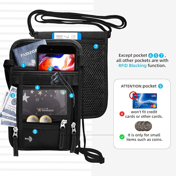 WALNEW Passport Holder Neck Pouch Travel Wallet for Women and Men, RFID Blocking Security Slim Traveling Wallet with Around Neck Lanyard Strap, Black | Around Neck Lanyard Strap, Travel Safety Anti Theft Bag, Neck Wallet for Traveling Women Men
