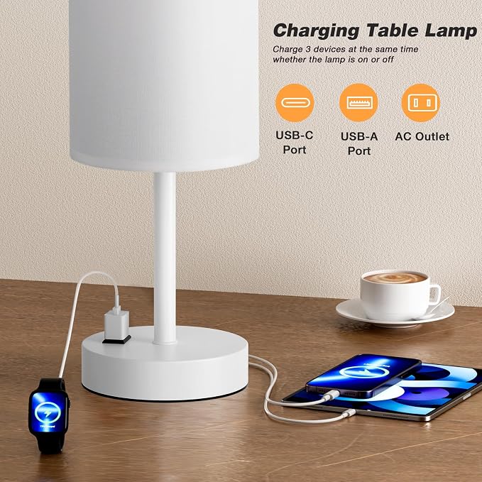 White Nightstand Bedroom Lamp - 3 Way Dimmable Bedside Lamp USB C A Charging Ports and AC Outlet, Small Table Lamp Linen Lampshade for Office Desk