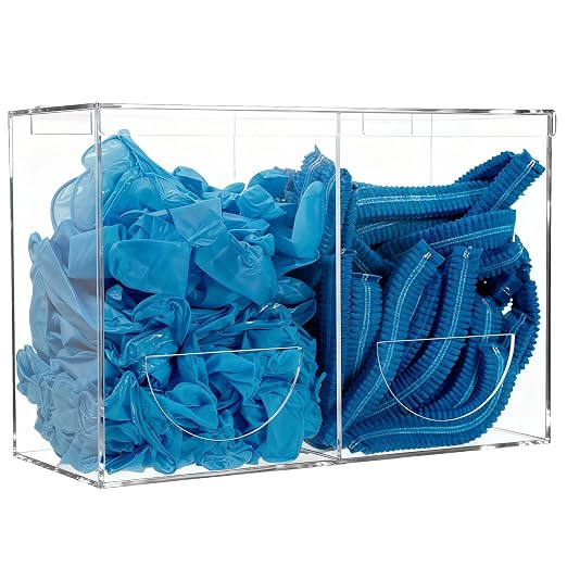 SEANADO Clear Acrylic Glove Holder Dispenser with Lid, 2 Compartments Hygiene Station Storage Box for Beard Nets, Hairnets, Plastic Bags, Shoe Cover - Wall Mount or Tabletop
