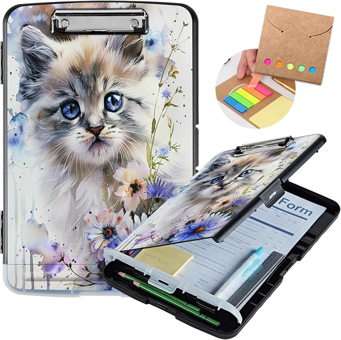 Clipboard with Storage,Storage Clipboard with Pen Holder,Heavy Duty Plastic Storage Clipboard with Low Profile Clip,Teacher Must Haves,Clipboard Folder,Office Supplies,Blue Cat and Flowers
