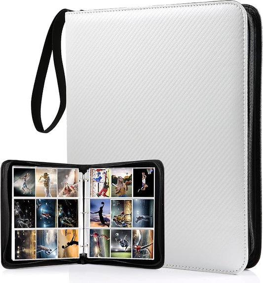 WOT I Trading Card Binder, 900 Pockets Baseball Card Binder Sleeves with Zipper, Double Sided Pockets Card Holder Carry Card Case for Baseball Card, Football Card(Silvery White), WO-CB-9-10