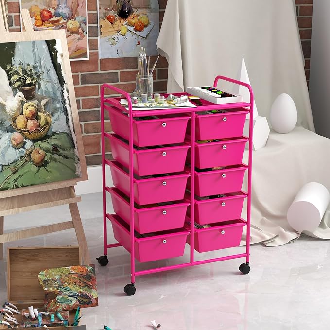 10 Drawer Rolling Cart, Storage Cart Organizer on Wheels, Drawer Cart with Metal Frame & Large Storage Capacity, Rolling Cart with Drawers for Living Room Classroom, Office