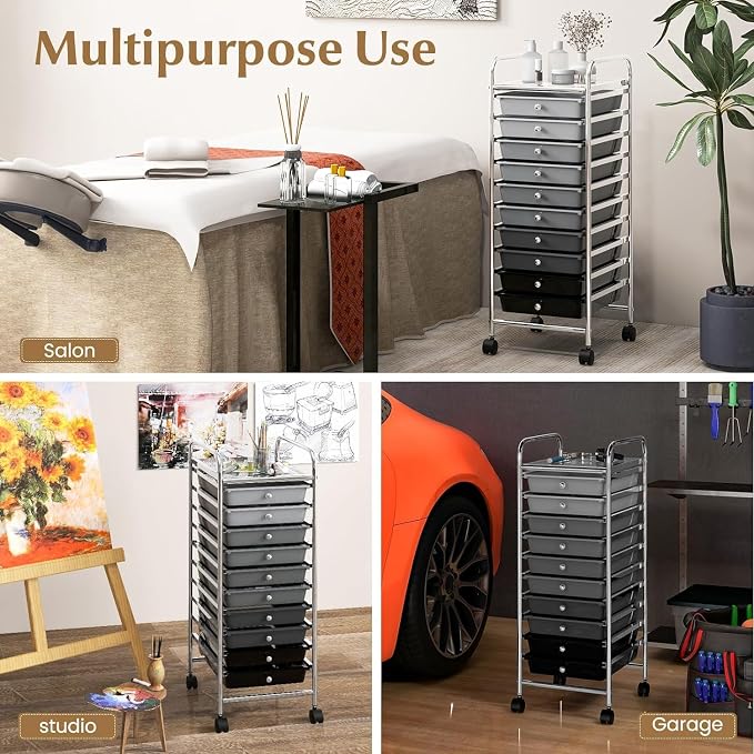 Storage Cart, Rolling Utility Cart with 10 Drawers, Portable Handles & Lockable Wheels, Mobile Paper Toys Storage Organizer Large Capacity for Home Office School Teacher (Gradient Black)