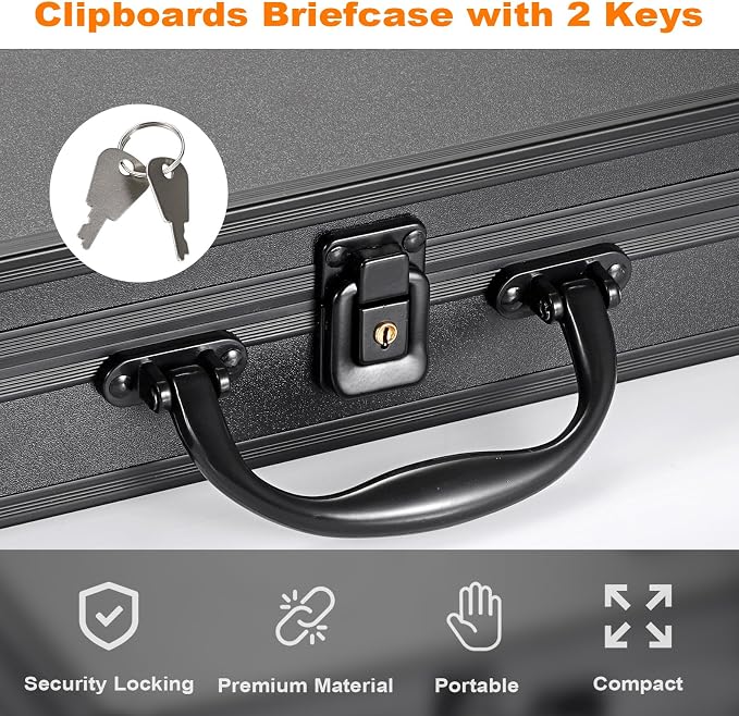 Clipboard Storage Box with Key Lock, Aluminum Case with Metal Clip | 12x9 Inch, Portable Clipboard Case, Small Briefcase, Heavy Duty Metal Paper Organizer, for Office Business Men, Black