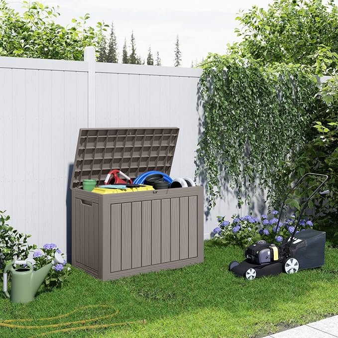 Vixzen 45 Gallon Waterproof Large Deck Box, Lockable Resin Outdoor Storage Box with Hydraulic Lid, Durable Storage Bin for Patio Furniture Cushions, Garden Tools, Pool Accessories, Grey