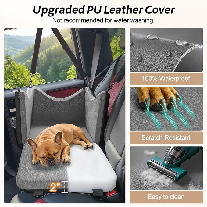 JOEJOY Dog Car Seats for Small Medium Dogs, Wipe Clean Waterproof Detachable PU Leather Cover, Thickened 2 inch Memory Foam Pet Car Seat with Safety Belt and Storage Pockets(No Cushion)