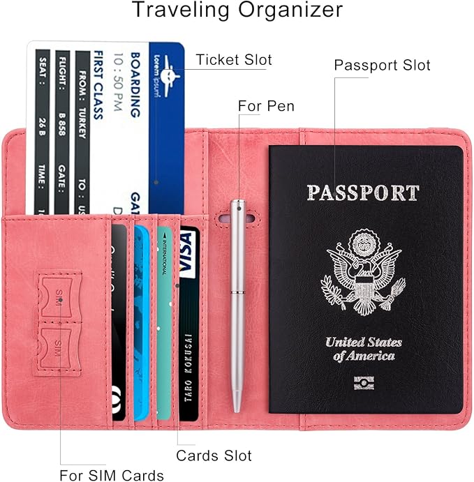 WALNEW Passport Holder for Travel, RFID Passport Cover Wallet for Women Men, PU Leather Passport Book Card Holder Case with Pen, Travelling Essentials for Flying | PU Leather Passport Cover Case with Pen Holder, Travel Must Haves Accessories, Passport ...
