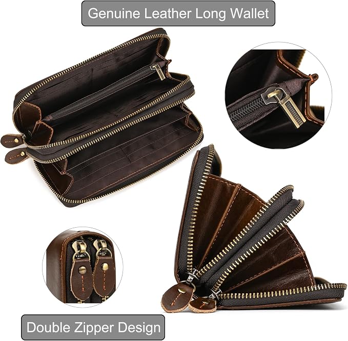 Genuine Leather Long Wallet for Men, Large Capacity Purse Clutch Bag Handbag Checkbook Cash Credit Cards Phone Holder | Large Capacity