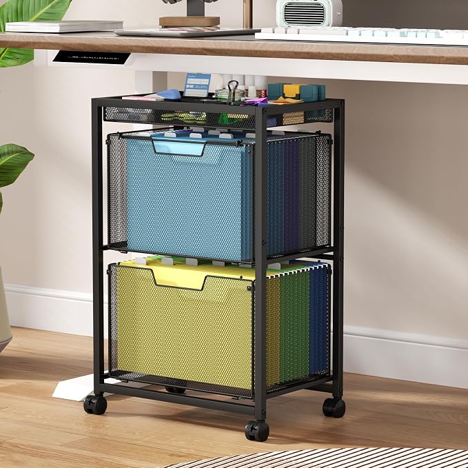 Rolling File Cart with 2 Drawers, Under Desk Storage Cabinet with DIY Divider, Letter/Legal Mobile Filling Cabinet on Wheels, Hanging File Folders Organizer, Metal Utility Cart for Home Office, Black
