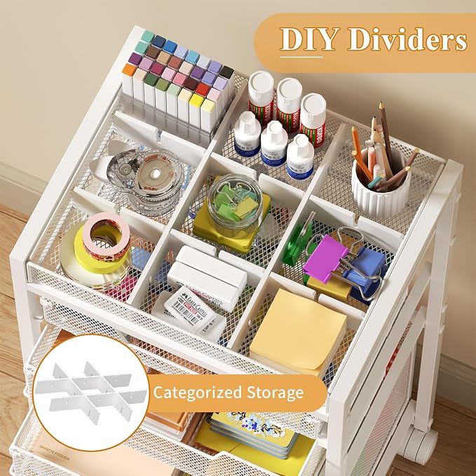 Rolling File Cart with 4 Storage Drawers, Under Desk Filing Cabinet with DIY Divider, Hanging File Folder Organizer on Wheels, Fits A4/Letter Size, Metal Utility Cart for Home Office, White