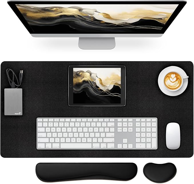 Desk Mat Set,3-in-1 Mouse Pad with Wrist Rest and Keyboard Pad | 31.5" x 15.7" Ergonomic Keyboard and Mouse Pad Set, Memory Foam Keyboard Wrist Rest, Waterproof Computer Mat, Black