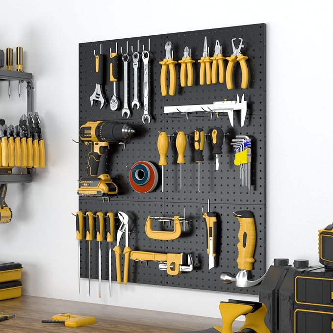 Spampur Peg Board, 6 Pack Metal Pegboard Panels with 50 Hooks | Black Pegboards Wall Organizer Heavy Duty Peg Board for Walls Home, Garage Tool Storage, Office Organization, Craft Room