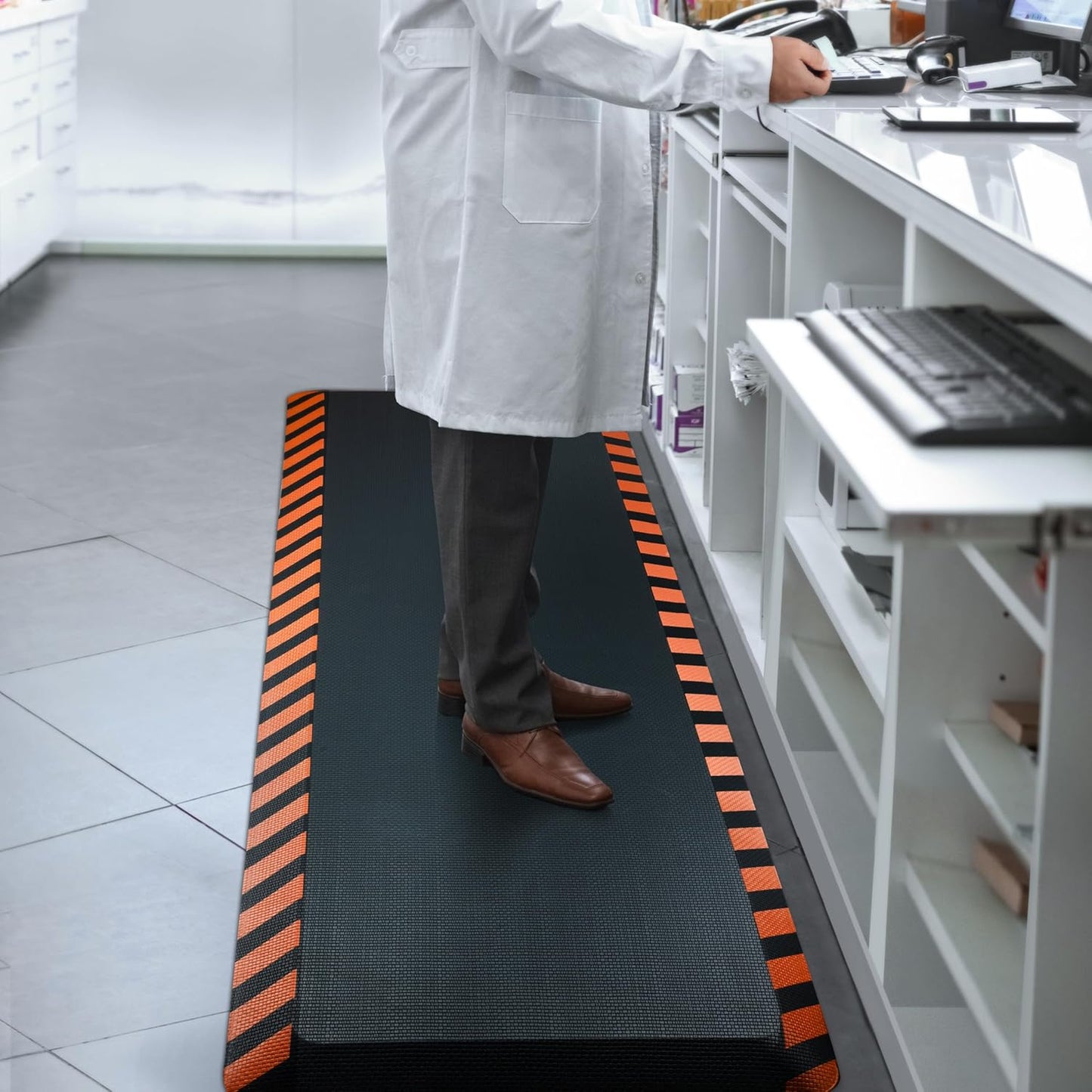 FEATOL Anti Fatigue Mats Industrial, Ergonomic Standing Floor Mat for Work for Stand, Black with Orange Border Safety 24" x 70"-Support for Leg & Back Pain