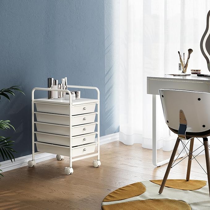 Rolling Storage Cart with Drawers 5-Tier Lock Wheels Office White | Utility Cart with 5 Drawers & 2 Lockable Caster, Multipurpose Mobile Drawer Cart for School Bathroom Kitchen