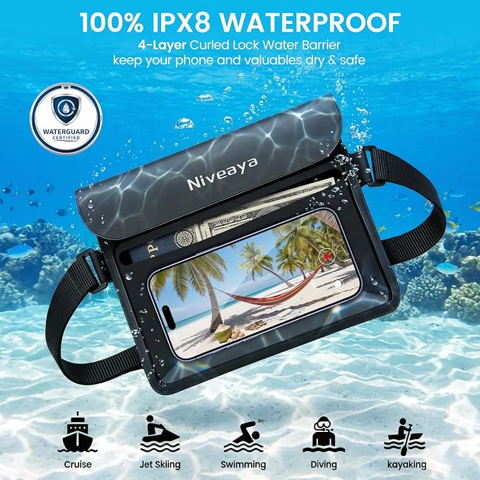 Niveaya IPX8 Waterproof Fanny Pack, Waterproof Pouch Dry Bag for Beach, Kayaking, Swimming, Boat Travel Cruise Essentials, Waterproof Phone Bag Passport Holder for Women Men(2 Pack)