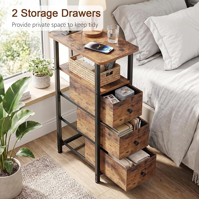 Narrow End Table with Charging Station, Small Nightstand | Skinny Side Tables Living Room with 3 Fabric Drawers, Slim Bedside Table for Bedroom, Small Spaces, Couch, Brown