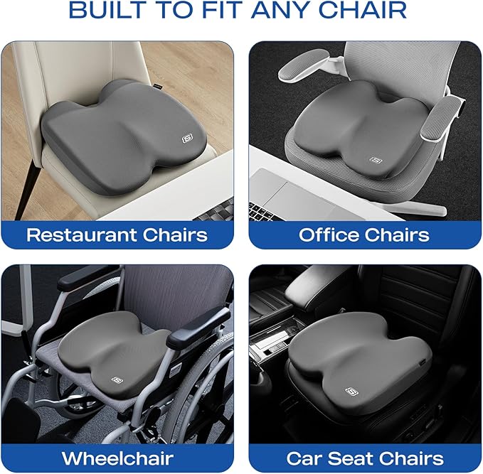 Skechers Seat Cushion, Ergonomic Memory Foam Cushion for Long Sitting Hours on Office & Home Chair, Car Seat Cushion for Sciatica, Coccyx Cushion,Gray