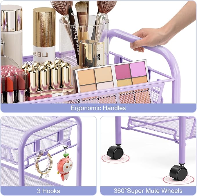 TOOLF 4 Tier Rolling Cart, Metal Utility Storage Cart with Wheels, Purple | 3 Hooks, Screwless Assembly, Trolley Organizer for Bathroom, Kitchen, Office, Nursery, Dorm, Laundry Room