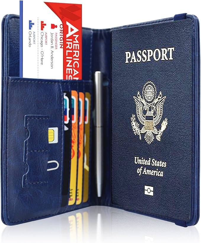 ACdream Passport Holder Cover, Leather Travel Wallet Case, RFID Blocking Document Organizer Protecrtor, with Slots for Credit Cards, Boarding Pass, for Women and Men, Navy Blue