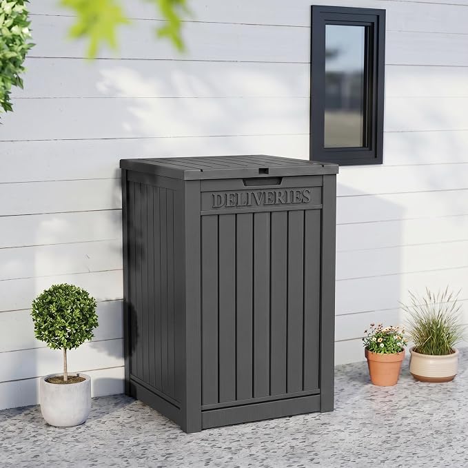 55 Gallon Outdoor Package Delivery Box Waterproof with Lockable, Weatherproof Secure Parcel Drop Box for Porch, Resin Outside Storage Boxes Black