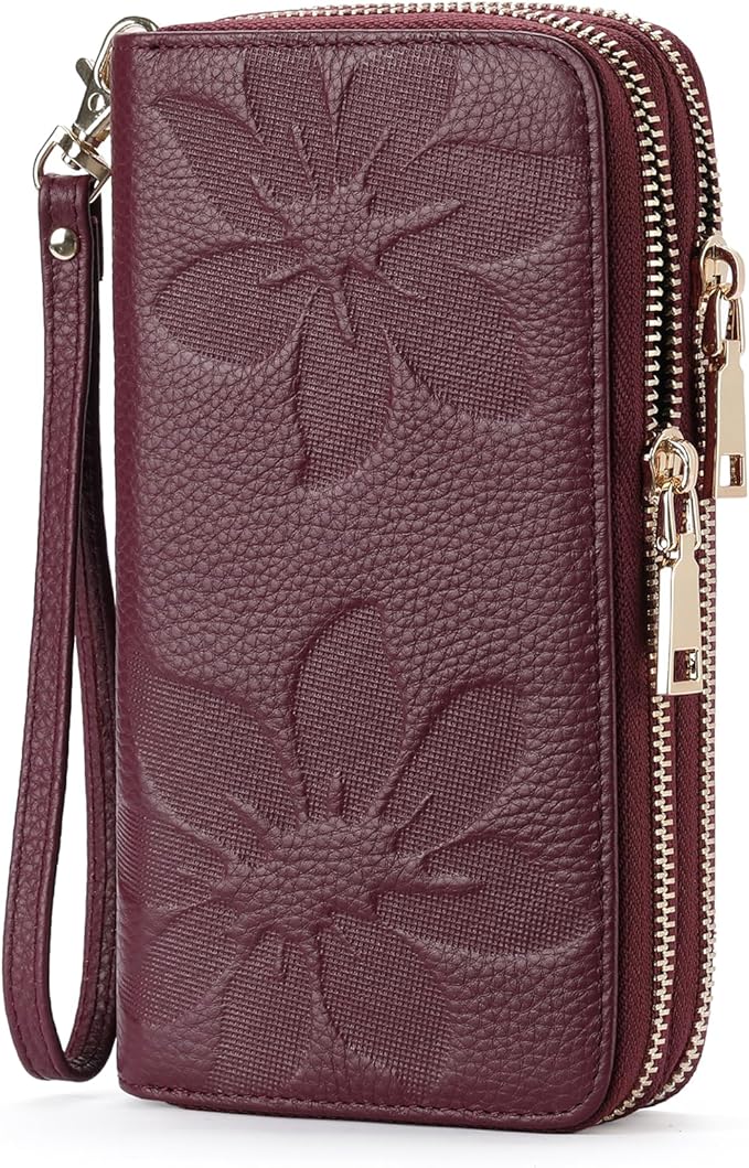GOIACII Women's Wallet Large Capacity Double Zip Ladies Card Phone Holder RFID Blocking Wristlet Leather