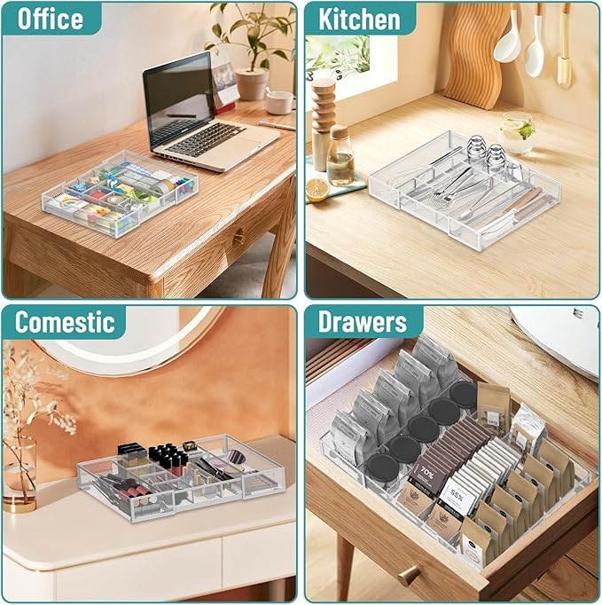Expandable Desk Drawer Organizer Tray with 10 Adjustable Compartments, Metal Mesh Office Drawer Organizer, Versatile Desk Organizer for Home, School Supplies, Makeup Vanity & Jewelry (White)