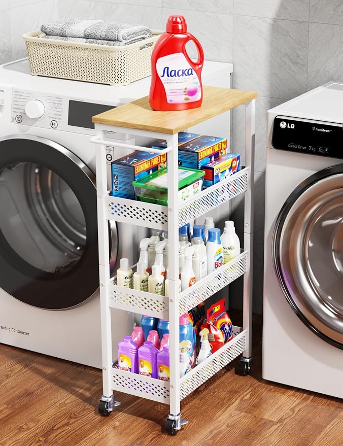 OKZEST 4-Tier Slim Rolling Storage Cart for Laundry Room, Bathroom, Kitchen | Upgraded metal hub casters, Narrow utility cart for small space/gaps, Premium wood top & metal mesh shelf, with handle & hook