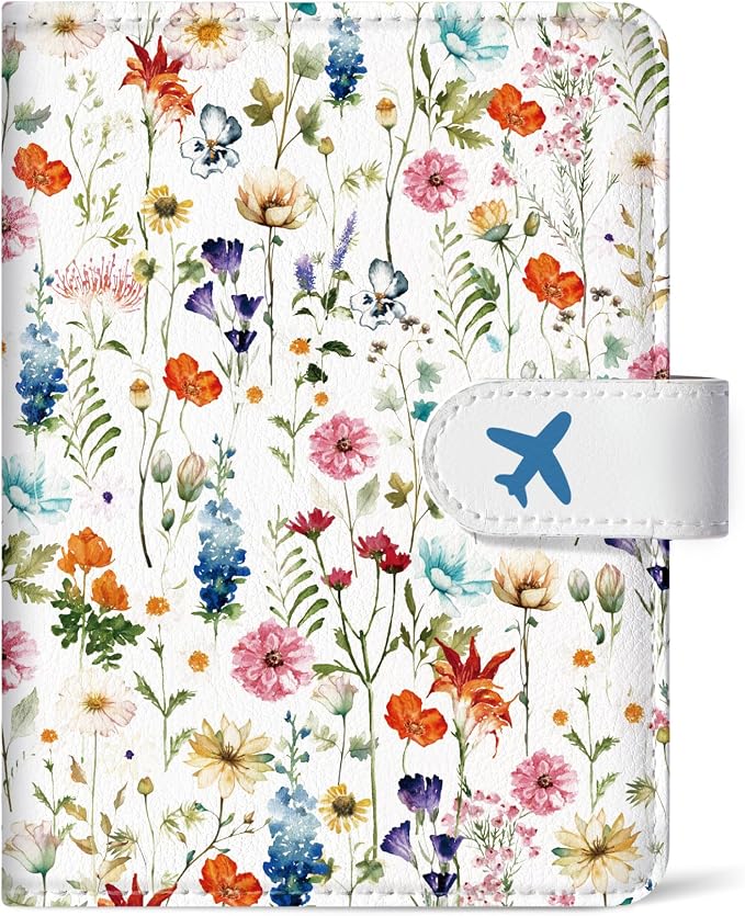 Passport Holder for Travel Essentials, RFID Blocking Leather Cover Wallet with Magnetic Closure, Aesthetic & Cute Passport Book Case for Women and Men - Wildflower