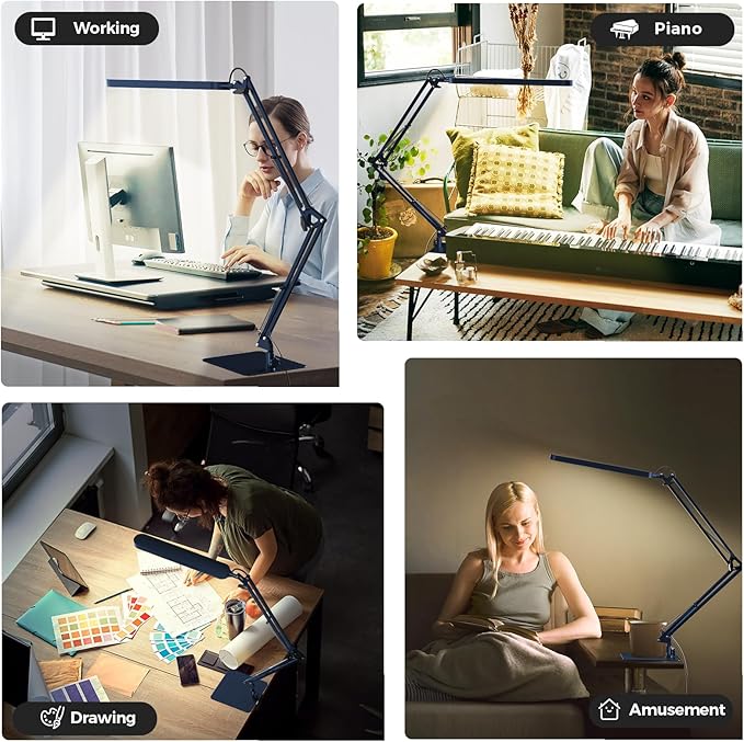 LED Desk Lamp with Slim Base - Adjustable Swing Arm Desk Light, Dimmable, Timer, Eye Protection, Memory Function, 1300LM, 12W, Blue
