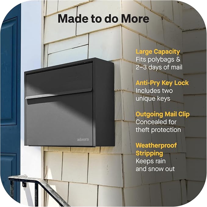 Adoorn Lockable Wall Mount Mailboxes for Outside - Small Anti-Theft Locking Mailbox for Letters - Weatherproof Construction - Durable Steel - 13.5" H x 15" L x 5.5" D - Black