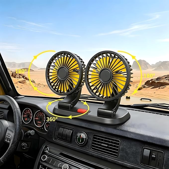 Dual Head 12V Car Fan for SUV Truck RV with No AC,Adjustable Car Cool Fan, Dual Head Design, 2-speed Adjustable, 360° Rotating Portable Car Fan,Powered by Cigarette Lighter