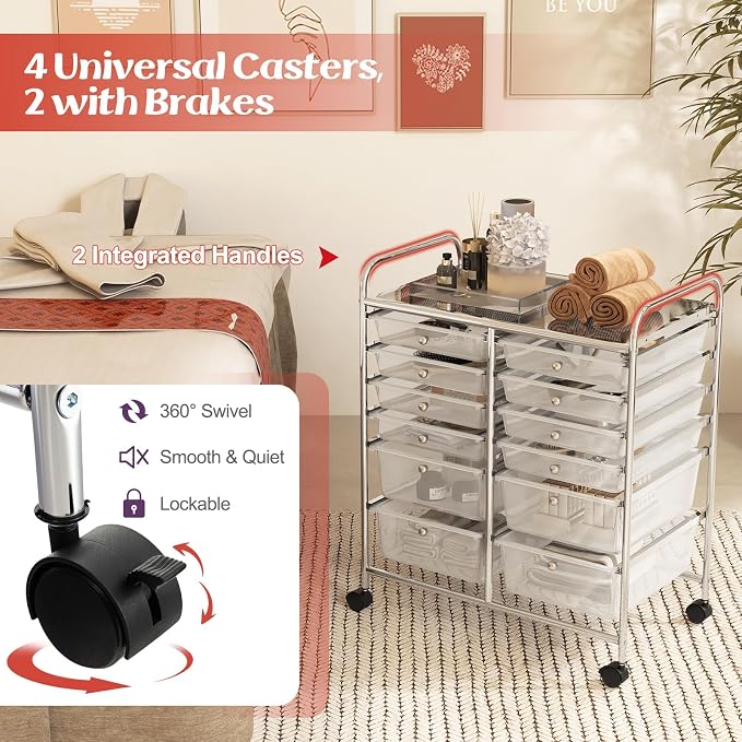 BECOMFORT 12-Drawer Rolling Cart with Drawers, Storage Cart on Wheels, Teacher Classroom Organizers with Metal Frame, Mobile Craft Cart, Trolley Utility Cart for School Office Play Room