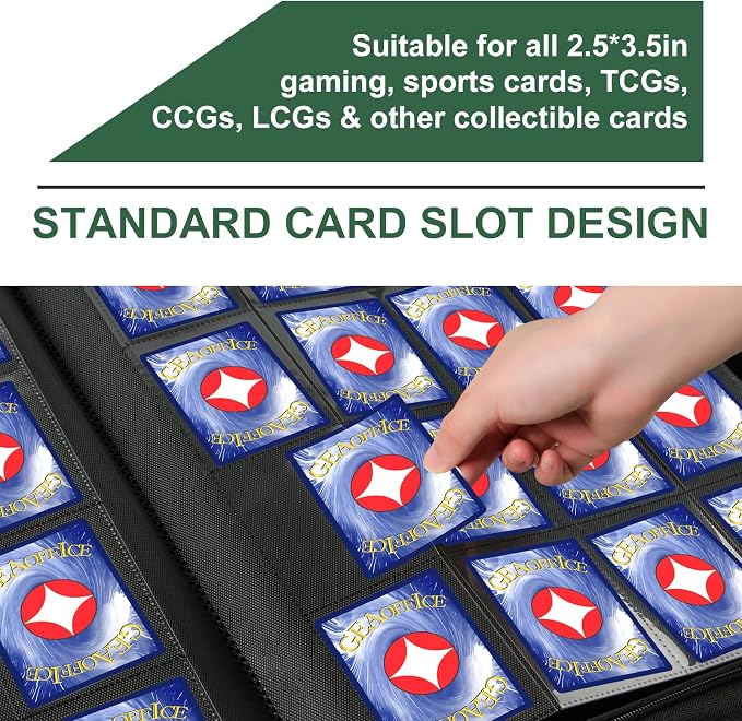 GEAoffice 16 Pocket Trading Card Binder for 1000+ Cards, Ringless Side-Loading 4x4 Card Binder with Zipper Closure, PU Leather 1024 Card Binder for MTG/TCG/Baseball/Sports&Game Cards, Green