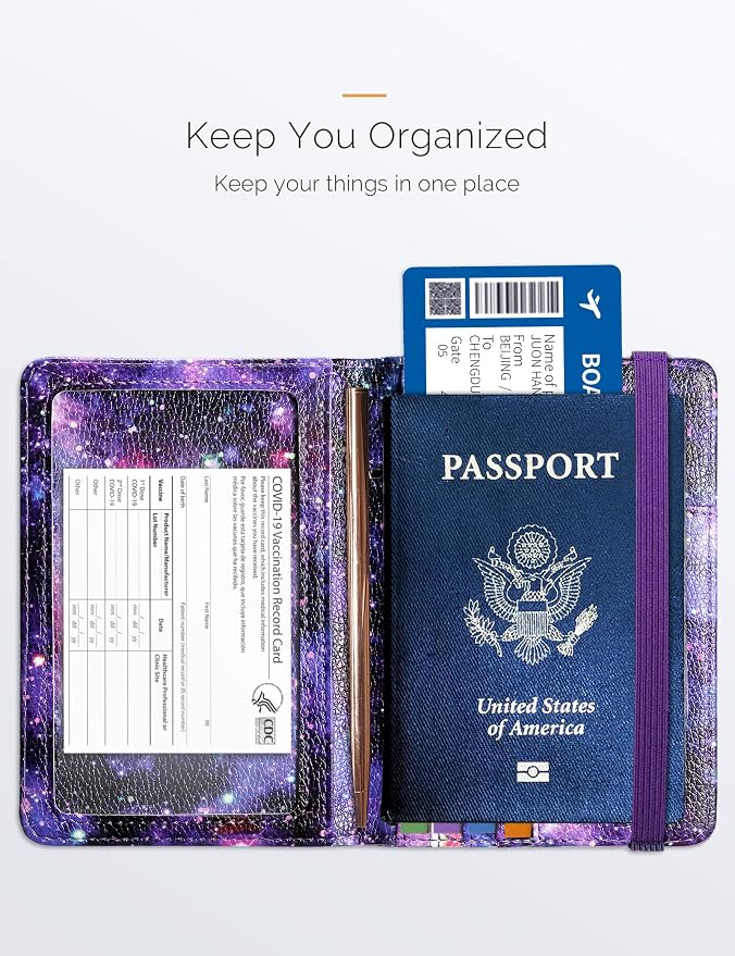 Mymazn RFID Passport Holder Women Passport and Vaccine Card Wallet Combo Passport Case with RFID Blocking Passport Cover with Clear Pocket Passport Wallet for Vaccination Card Holder (Starry)