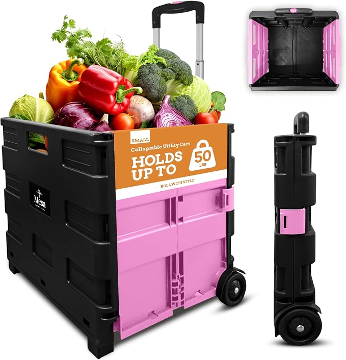 Ultra-Slim Rolling Collapsible Storage Pack-N-Roll Utility-carts, with Telescopic Handle, for Home, Garden, Shopping, Office, School use, Medium, Pink & Black