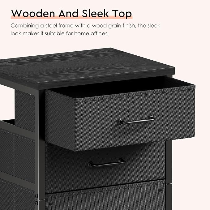 3 Drawer File Cabinet with Wheels with Open Storage Shelf, Black | Rolling Printer Stand Fabric Lateral Filing Cabinet for Home Office