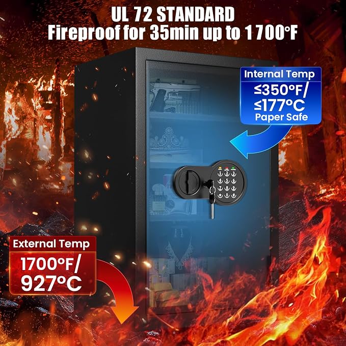 35Min Real Fireproof Safe Box, 23.4'' Tall Home Safes Water and Fireproof with Keys & Pass Code, 3-Removable Shelf and Smart Alert, Fire Proof Safe for Home Document Jewelry Valuables