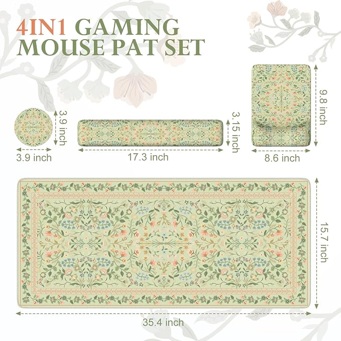 iCasso Mouse Pad with Wrist Rest, Large Desk Mat Set, Bean Green | Ergonomic Keyboard Pad with Wrist Support, Non-Slip Mouse Mat for Women, Cute Floral Computer Mat for Home Office Gaming