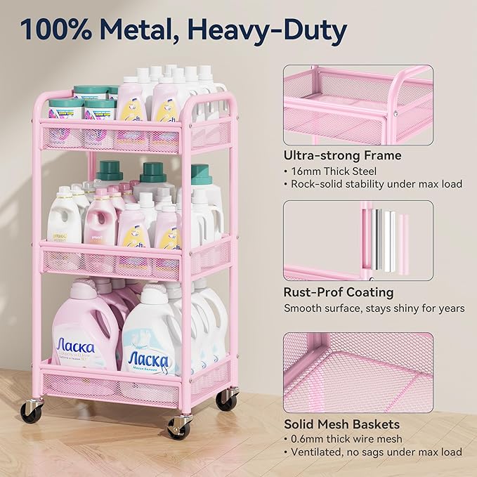 3 Tier Metal Rolling Cart, Pink Utility Storage Cart with Wheels | Metal Mesh Craft Cart With Hooks & Hanging Cups, Ideal For Kitchen, Bathroom, Office, Dorm, Art Workspace, Bedside Storage