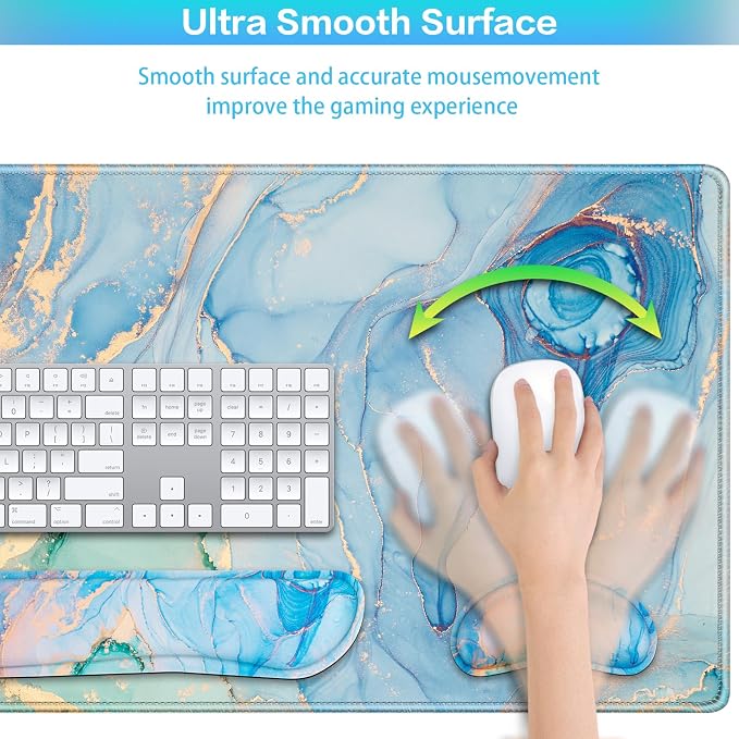 4 in1 Desk Mat Blue, Large Gaming Mouse Pad with Wrist Rest, | XXL Mousepad+Keyboard Wrist Rest+Mouse Pad Wrist Support+Cup Coaster Ergonomic Computer Desk Arm Wrist for Decor Office Women