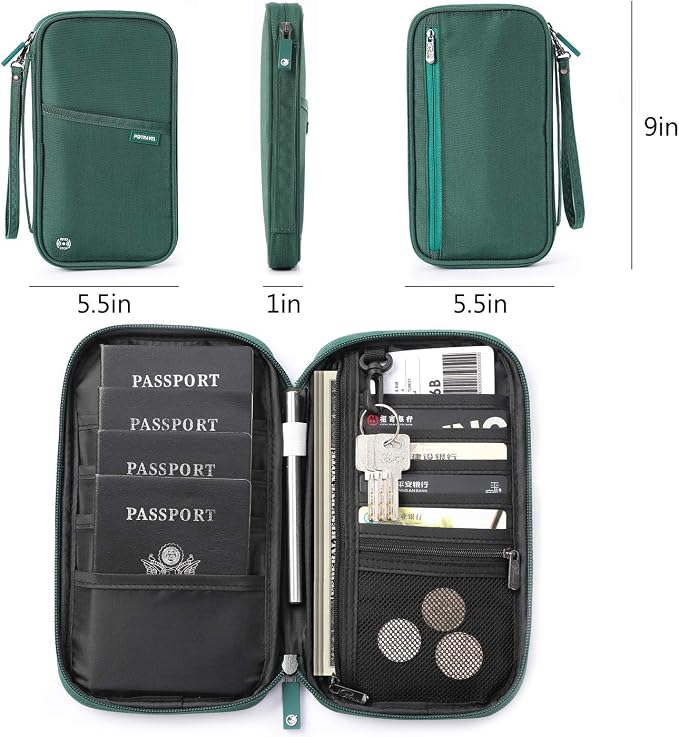 VanFn RFID Travel Passport Wallet, Family Passport Holder, Trip Document Organizer P.Travel Series (Nylon - Green)