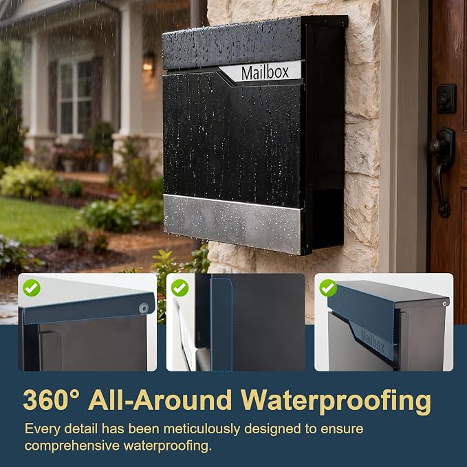 Modern Black Mailbox Wall Mount for Outside, Large Locking Security Key Drop Mail Box, Heavy Duty Galvanized Steel Post Box for House, Weatherproof Collection Box (14.57"x14")