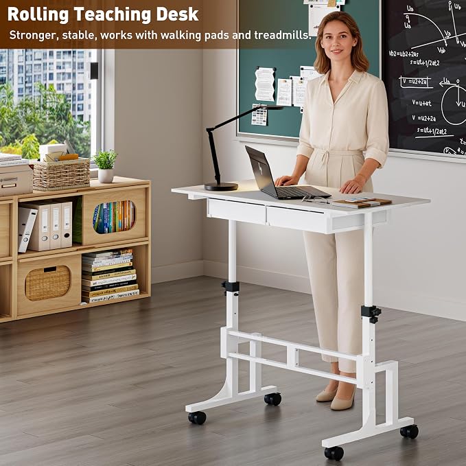 Height Adjustable Standing Desk with 2 Drawers, Small Sit Stand Up Desk with Wheels, Portable Rolling Desk for Walking Pad Treadmill, Computer Office, Adjustable 31.5"-43.3", White, Upgraded Stable