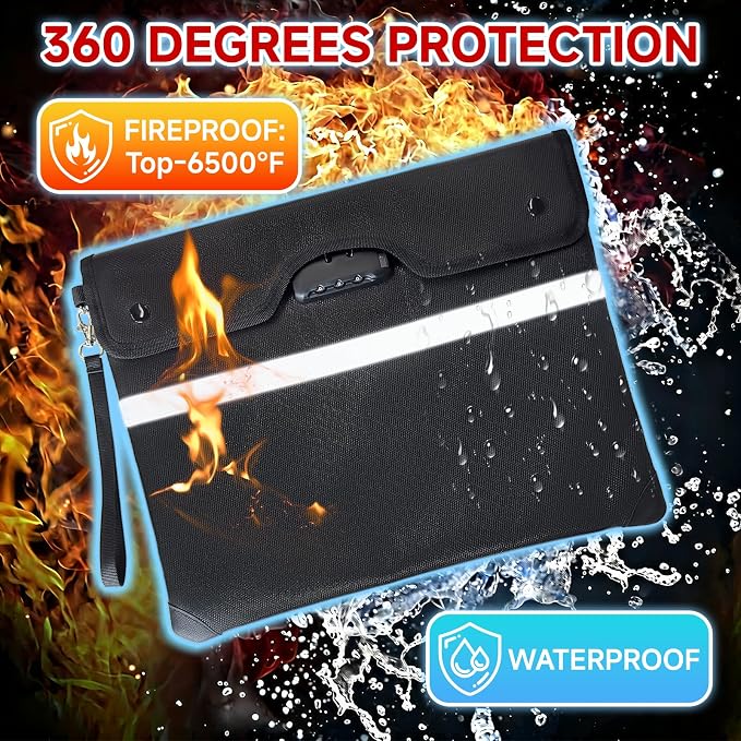 Upgraded 6500°F Fireproof Document Bag with Lock, Waterproof 9-Layer Heat Insulated | Dual-Liner Card Slot Money Bag with Zipper/Reflective Strip for Passport, Important Paper, Cash(15 x 12In)