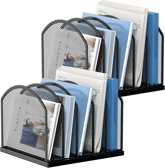 2 Pack Gawerk 5-Section Vertical Desktop Organizer, 5-Section Mesh File Folder Stand Sorter for Office Home Classroom Organization, Black