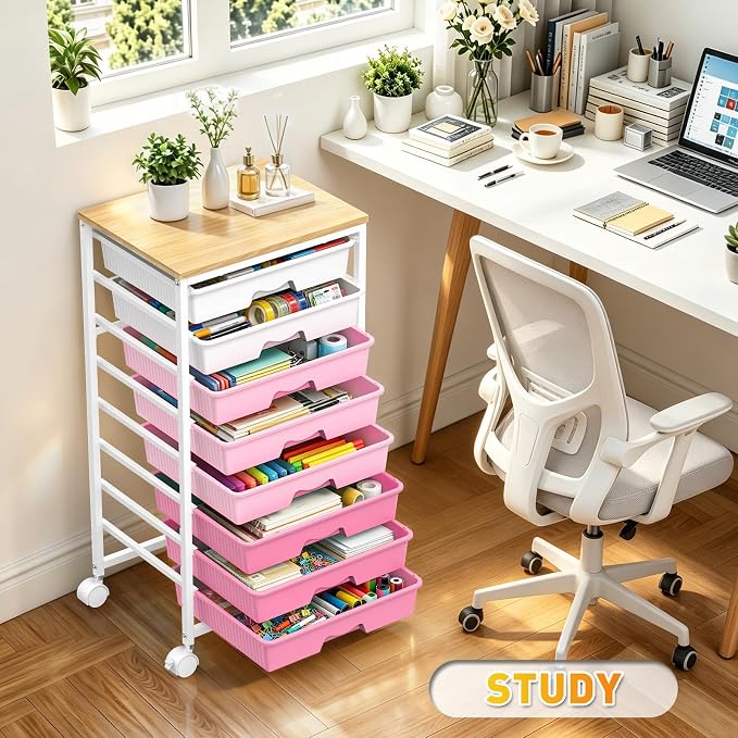 SUNALLY Rolling Cart With 8 Drawers, Storage Drawer Cart for Craft Art,Pink | Storage Utility Cart with Wooden Tabletop & 2 Lockable Wheels, Teacher Storage Cart for Classroom School Storage, Makeup,Nail