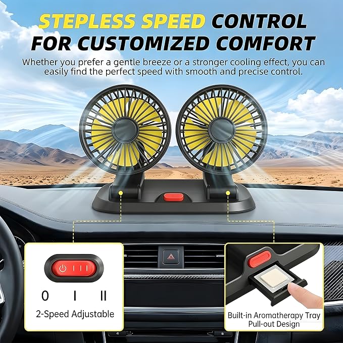 Dual Head 12V Car Fan for SUV Truck RV with No AC,Adjustable Car Cool Fan, Dual Head Design, 2-speed Adjustable, 360° Rotating Portable Car Fan,Powered by Cigarette Lighter