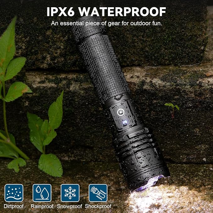 Kmivo Rechargeable LED Flashlight, 100,000 High Lumens Super Bright Tactical Flashlight, 5 Modes Adjustable Focus, Waterproof Powerful Handheld Flash Light for Camping Home Emergency (2 Pack)