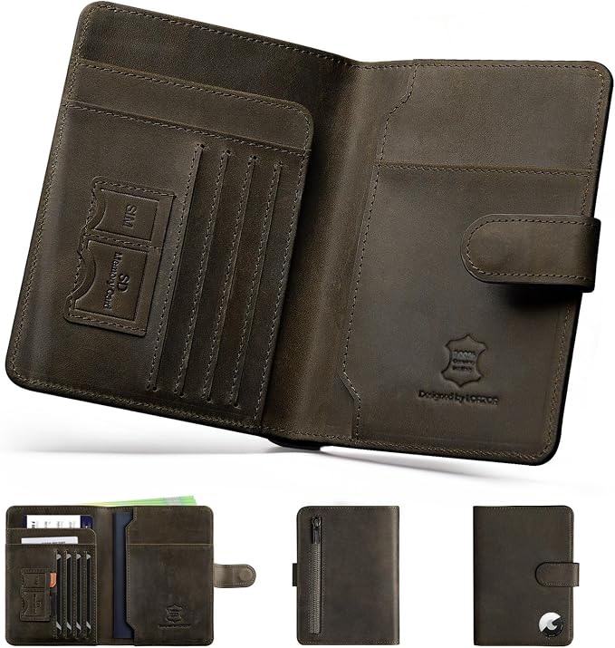 Passport Holder for Travel: Full Grain Leather Passport Cover with Airtag Holder Magnetic Buckle for Men - RFID Blocking Bifold Wallet for Air Ticket Card Cash Coin (Black-yellow)