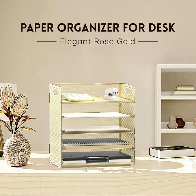 5 Trays Paper Organizer Letter Tray with Handle-Mesh Desk File Organizer, Paper Sorter Desk Organizer for Office, Home or School (Golden)